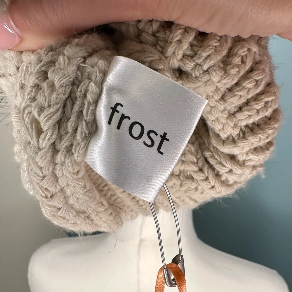 Frost Cable Knit Pom Beanie Hat – Beige, Faux Fur Pom, Made in Poland - Picture 5 of 7